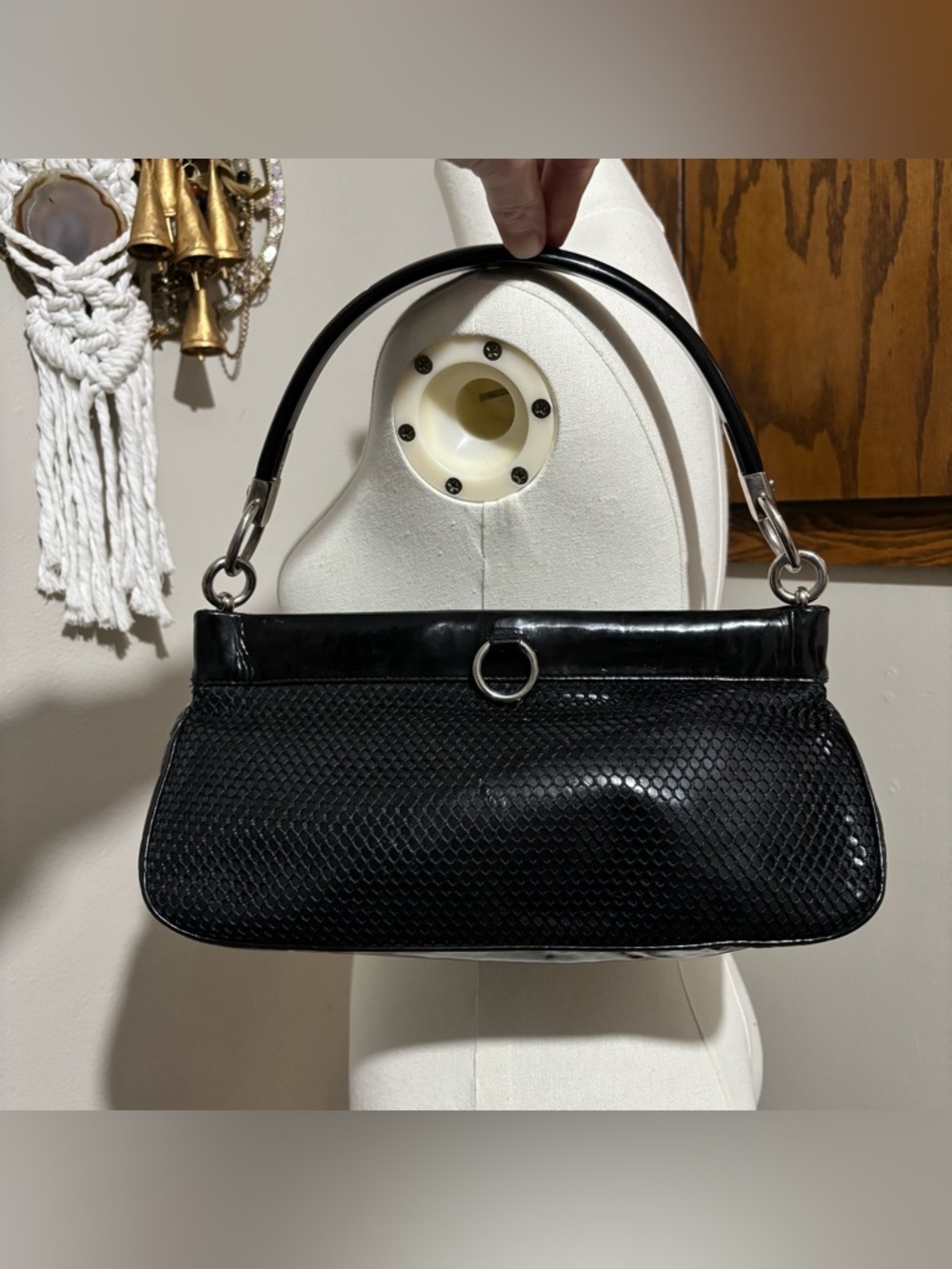 Sergio Rossi Vintage 90s Baguette Hobo Bag Purse Black Mesh Silver O-Ring Detail